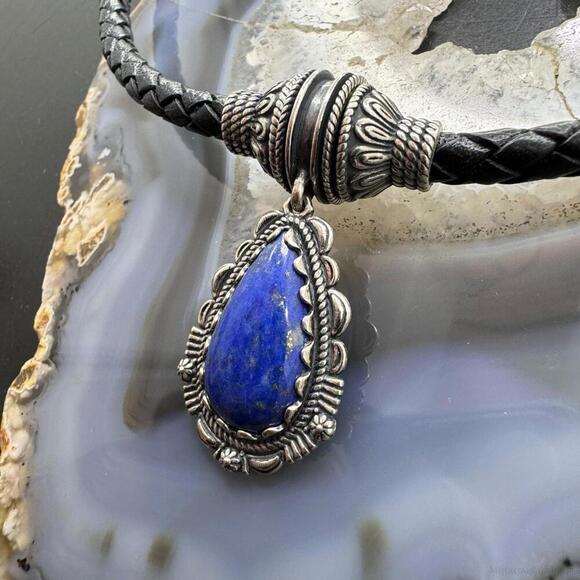 Carolyn Pollack Black Braided Leather Necklace with Teardrop Denim Lapis Pendant - Picture 3 of 10